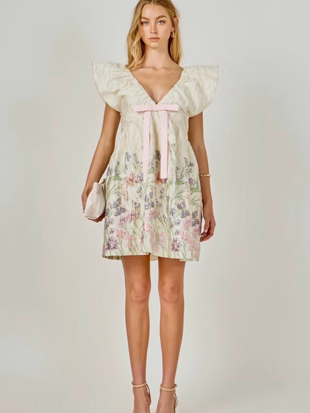 Ivory Floral Babydoll Dress with Pink Bow